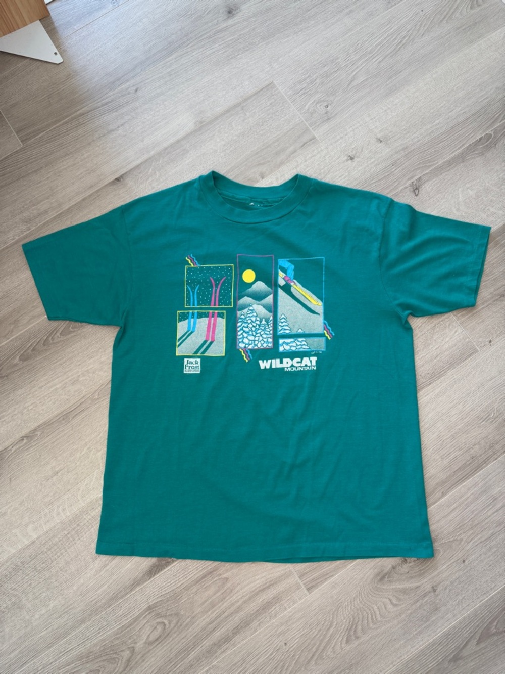 Vintage 1988 Wildcat Mountain Ski Tee Jack Frost Teal Single Stitch L